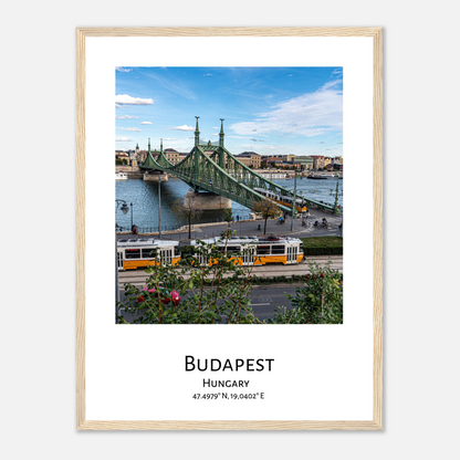 Personalized framed Budapest travel poster - Liberty bridge - wood frame close-up