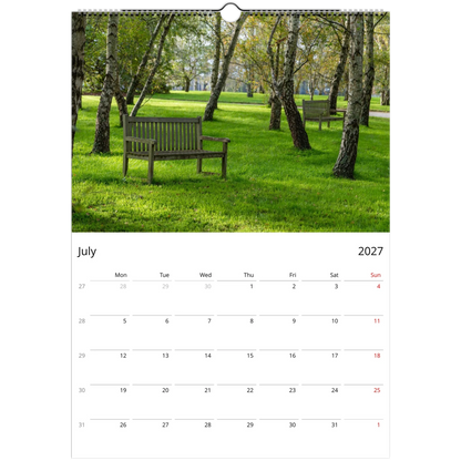 2027 Benches Wall Calendar - monthly spread with park bench photography