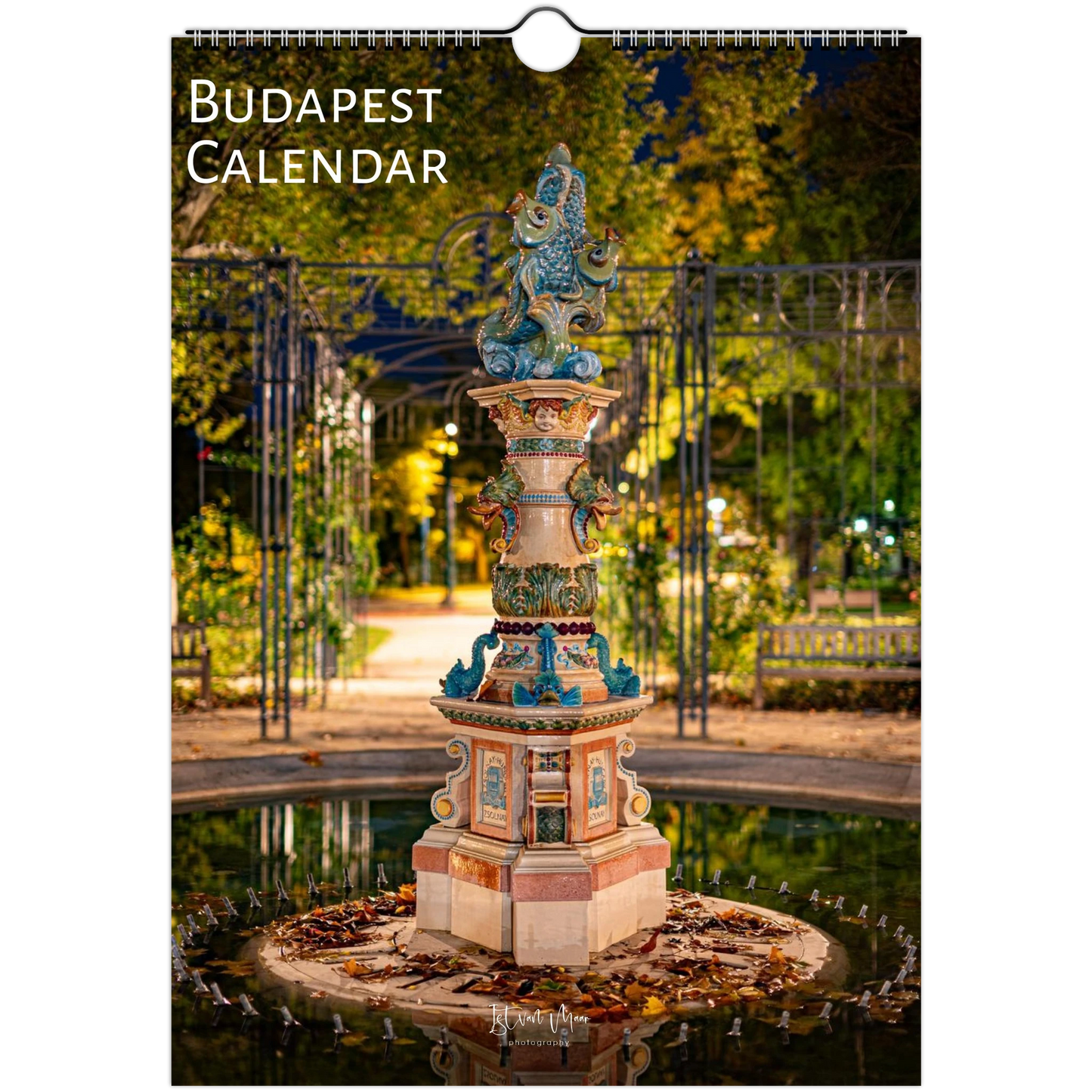 Budapest Calendar wall calendar cover featuring a nighttime photograph of a decorative fountain in a park with trees and a gate. The title 'BUDAPEST CALENDAR' appears at the top left, and a hanging hole is visible at the top center.