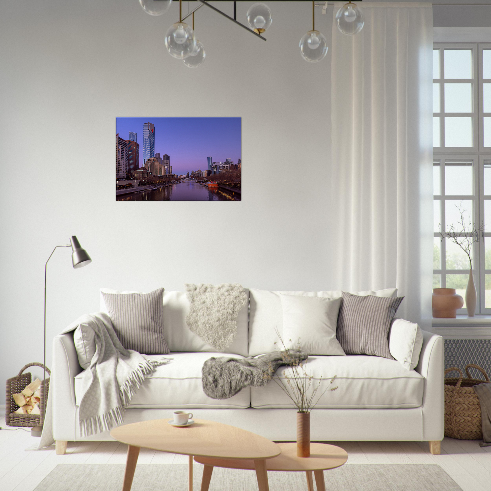 Melbourne Cityscape Pink Poster Canvas by Istvan Maar Photography - living room with sofa