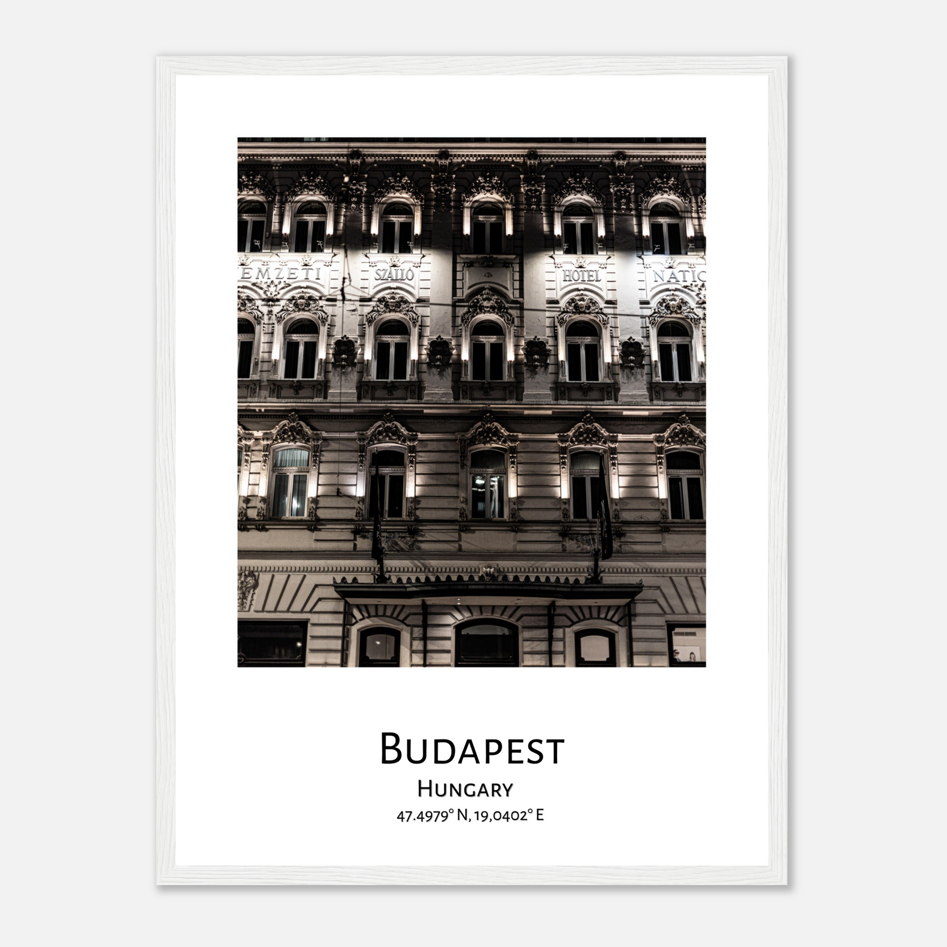 Personalized framed Budapest travel poster - Hotel National in Budapest - white frame - close-up