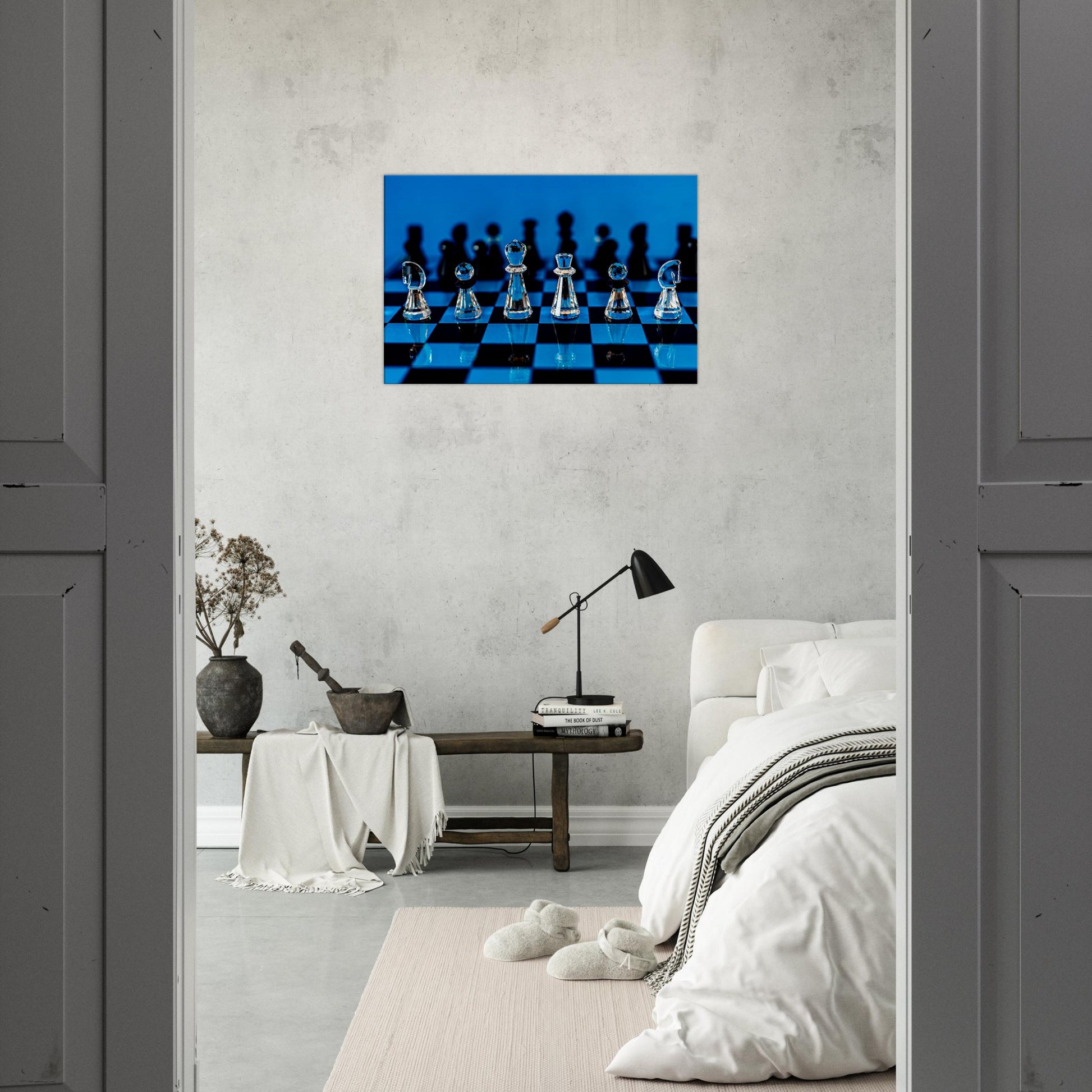 Swarovski Crystal Chess Set Canvas by Istvan Maar Photography, blue background - bedroom