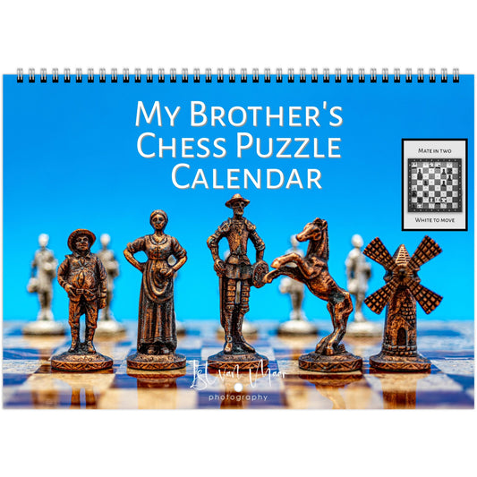 2025 Chess Wall Calendar by Istvan Maar Photography featuring intricate chess sets and challenging monthly puzzles.