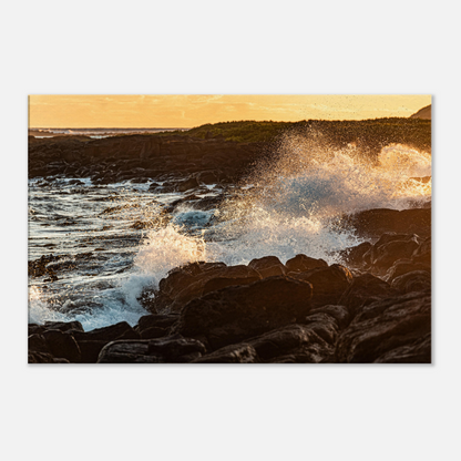 Sunset black rocks with waves on canvas by Istvan Maar Photography - close-up