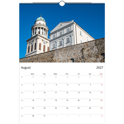 Calendar page for August 2027 with a historical building and clock tower on a blue sky background.