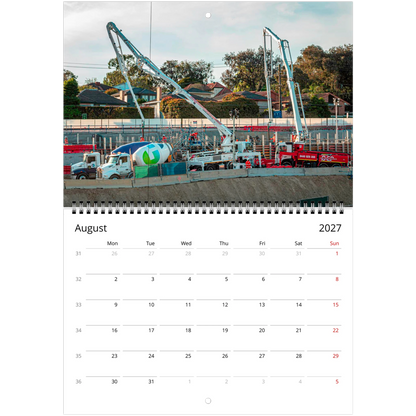 Cement Mixer Wall Calendar – open calendar view with cement mixer detail
