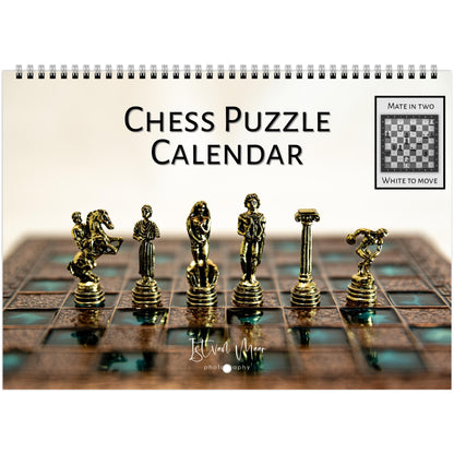 2025 Chess Wall Calendar by Istvan Maar Photography featuring intricate chess sets and challenging monthly puzzles.