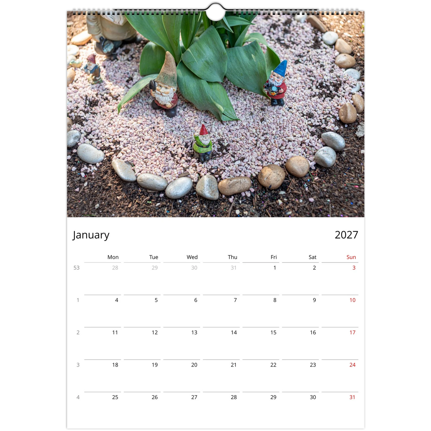 2027 Gnomes Wall Calendar – photography detail of garden gnomes in outdoor setting