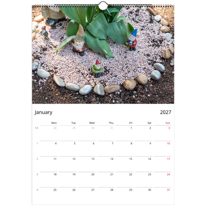2027 Gnomes Wall Calendar – photography detail of garden gnomes in outdoor setting