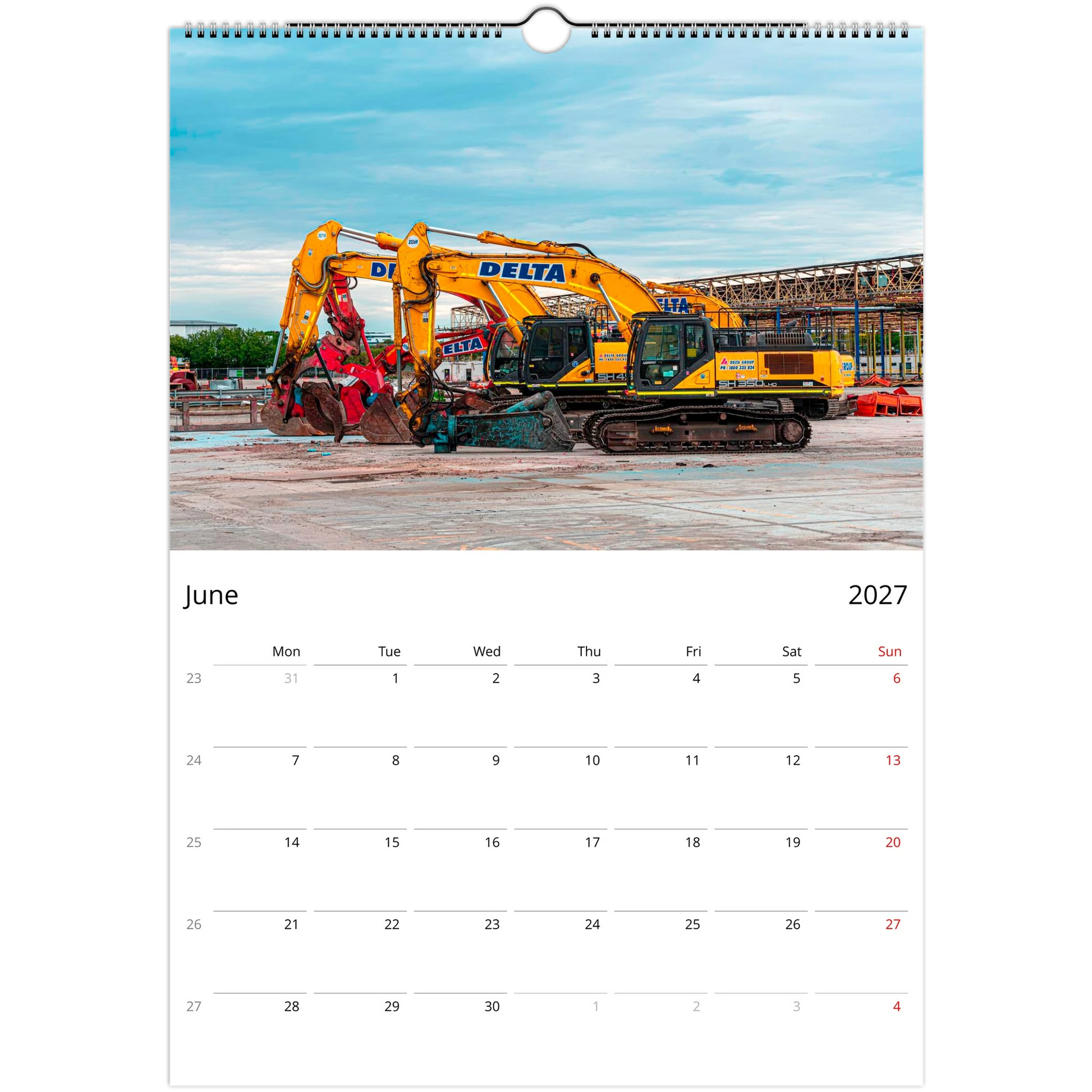 2027 Excavator Wall Calendar – photography detail of excavators on site
