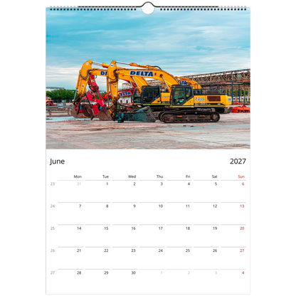 2027 Excavator Wall Calendar – photography detail of excavators on site
