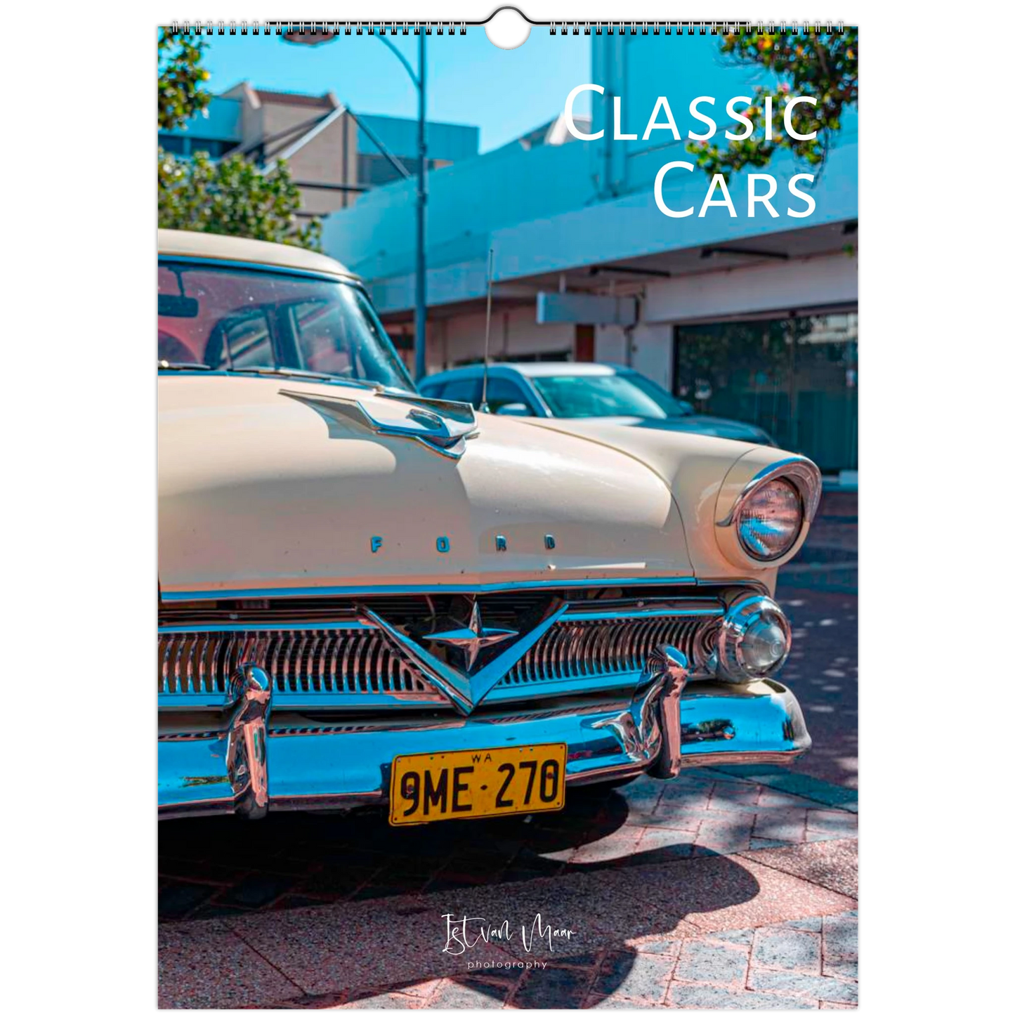 Calendar cover featuring a classic car with a blue and white color scheme. Available in A4, A3, LT and Ledger sizes from Istvan Maar Photography.