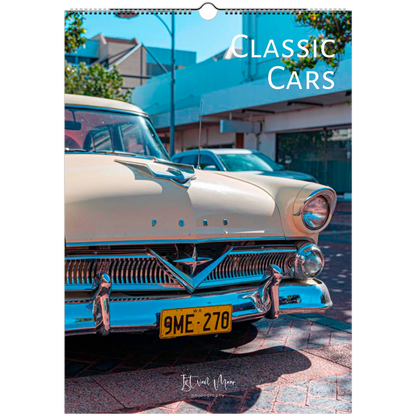 Calendar cover featuring a classic car with a blue and white color scheme. Available in A4, A3, LT and Ledger sizes from Istvan Maar Photography.
