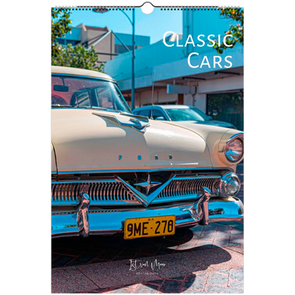 A spiral-bound wall calendar page featuring a vintage cream-colored Ford car with a yellow license plate, photographed outdoors with buildings and trees in the background. The text 'CLASSIC CARS' appears at the top right, and a small 'Istvan Maar Photography' mark is visible near the bottom.