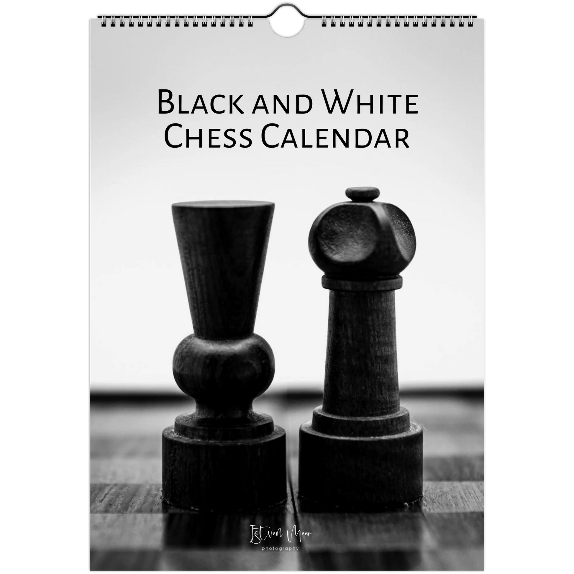 A black and white chess-themed calendar cover featuring two chess pawns on a dark surface against a light background, with the text 'BLACK AND WHITE CHESS CALENDAR' at the top and a hanging hole at the top center.