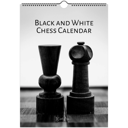 A black and white chess-themed calendar cover featuring two chess pawns on a dark surface against a light background, with the text 'BLACK AND WHITE CHESS CALENDAR' at the top and a hanging hole at the top center.
