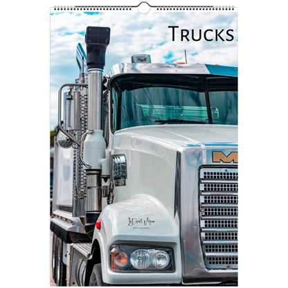 A vertical wall calendar page featuring a close-up photograph of a white Mack semi-truck under a cloudy sky, with the word "TRUCKS" printed at the top. Cover of a personalised wall calendar by Istvan Maar Photography.