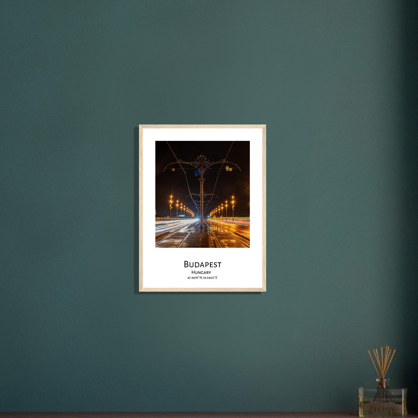 Personalized framed Budapest travel poster - Margaret bridge by night - wood frame - study