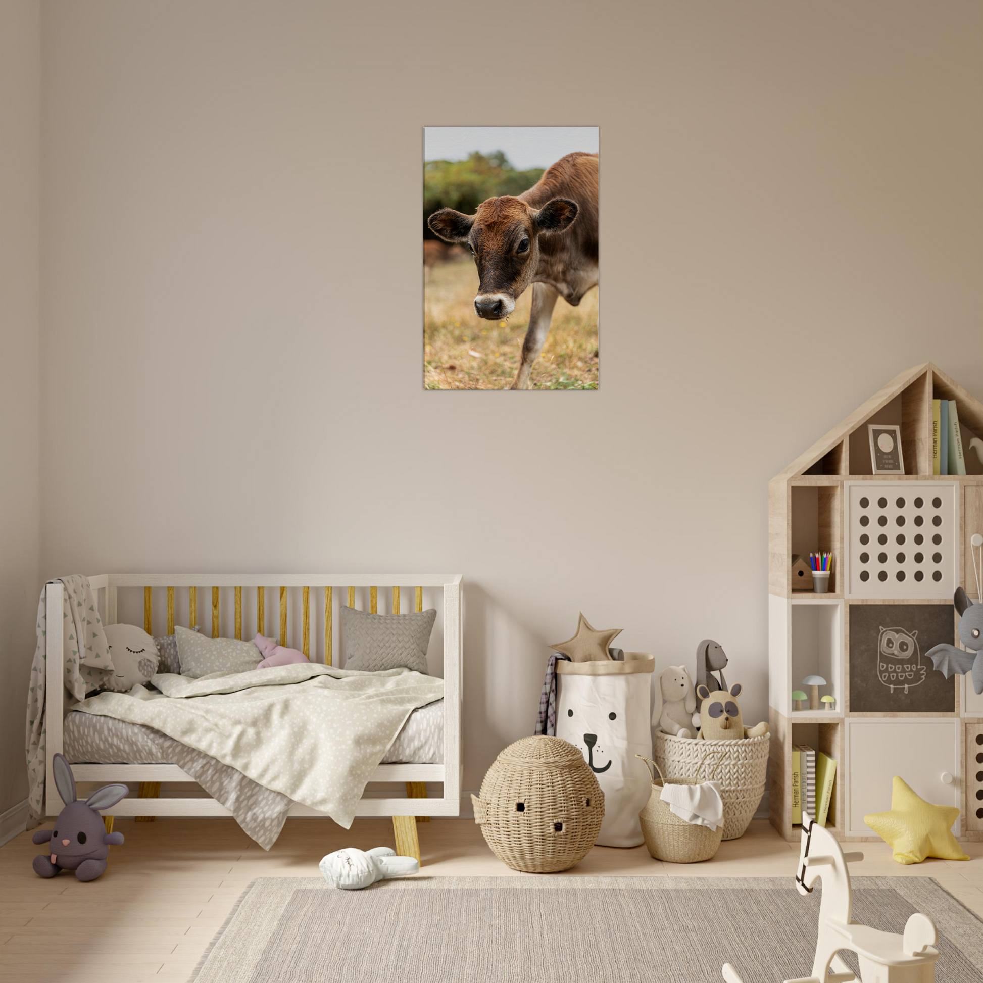 Cute calf Domestic Animal Canvas Wall Art Photography, Nursery Print, Nursery Animal Wall Decor, Kids Room, Prints, Stretched canvas by Istvan Maar Photography mockup 21