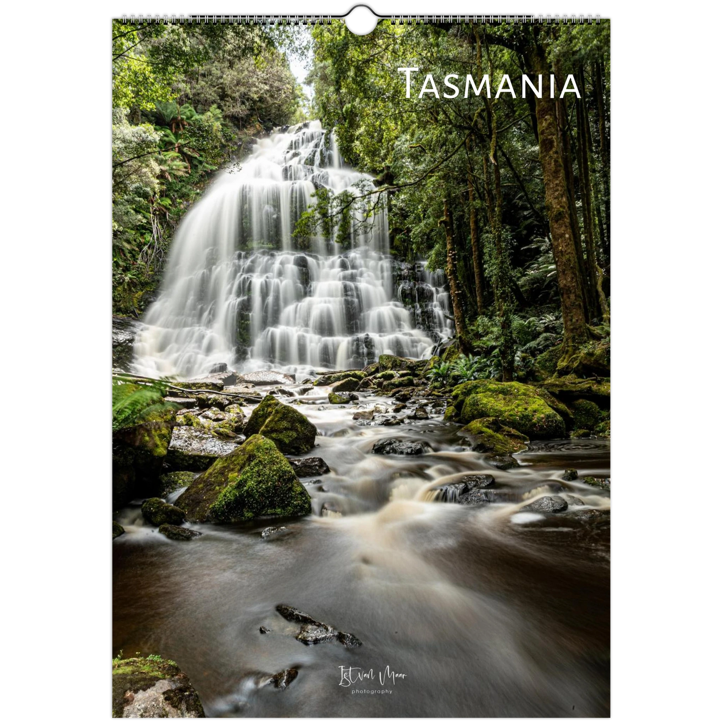 Wall calendar featuring a waterfall in Tasmania with 'Tasmania' text at the top.