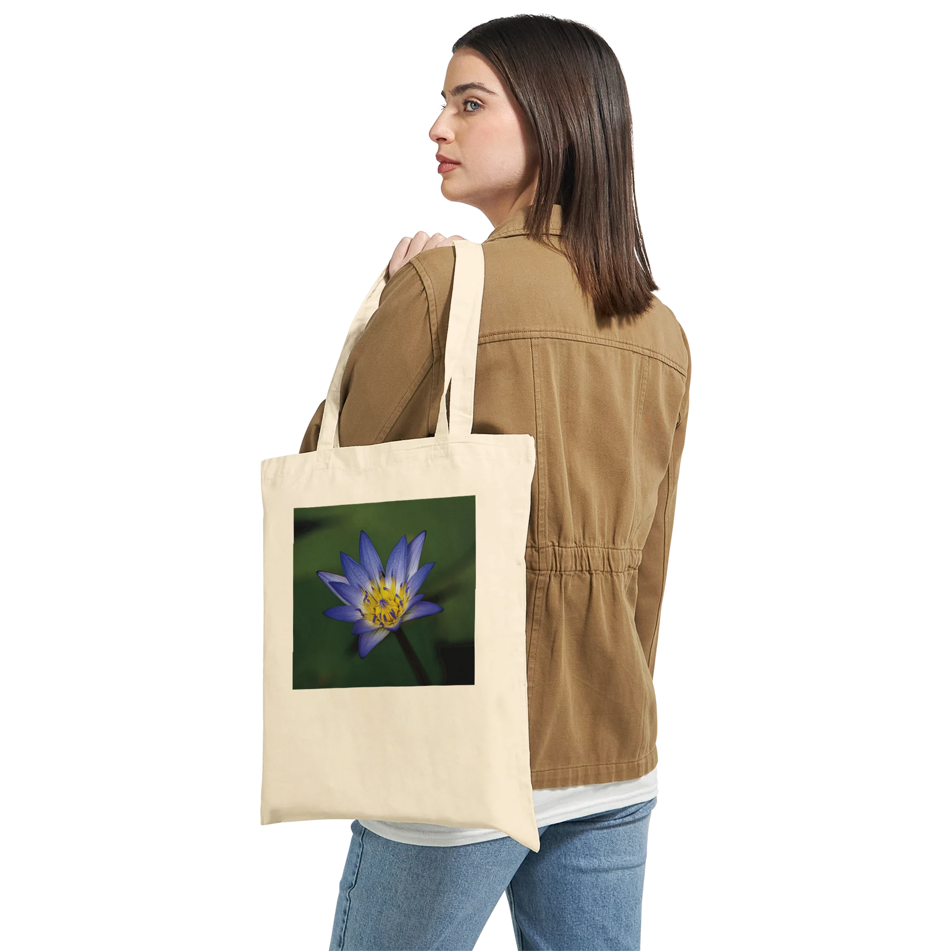 Water Lily Canvas Tote Bag – Blue Lotus Art Print – Floral Gift for Nature Lovers