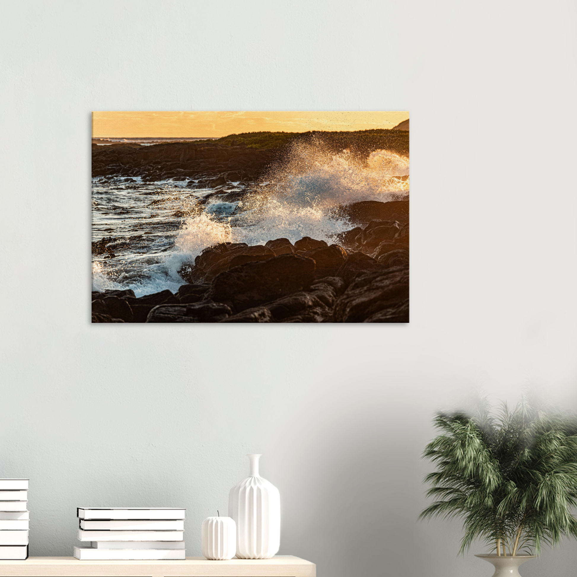 Sunset black rocks with waves on canvas by Istvan Maar Photography - in living room