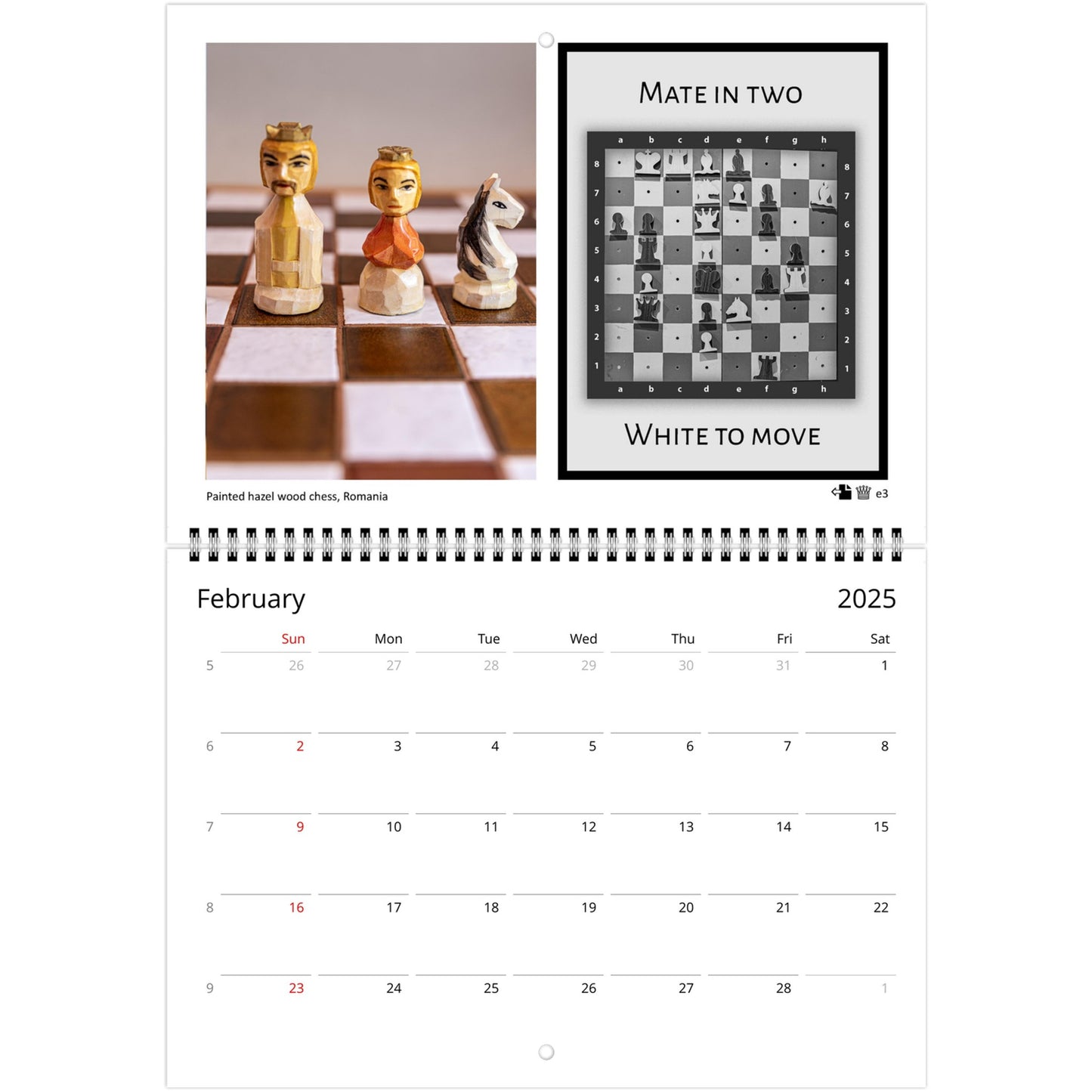 2025 Chess Wall Calendar by Istvan Maar Photography featuring global chess sets and monthly chess puzzles, vibrant imagery in English.