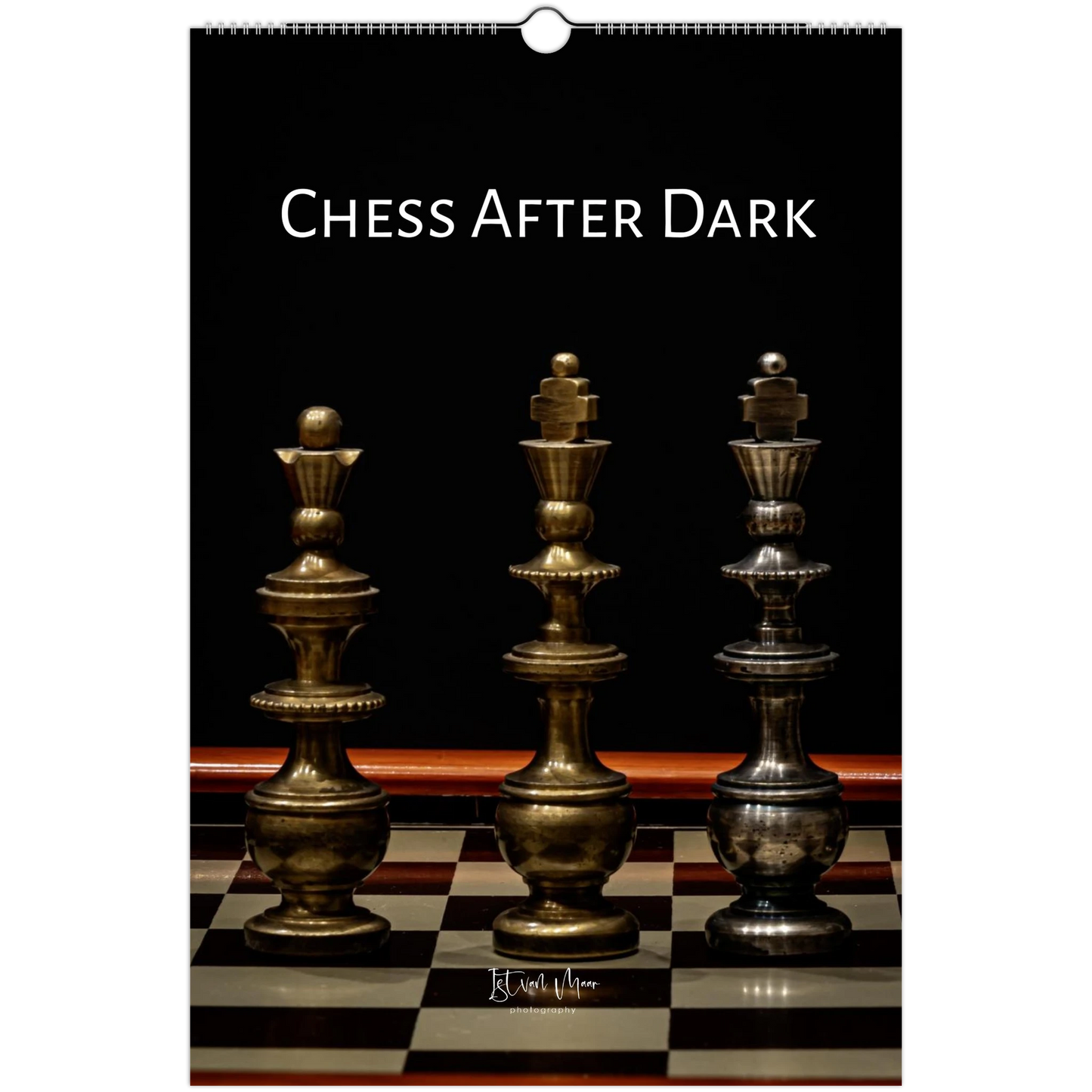 A hanging wall calendar cover titled "CHESS AFTER DARK," featuring three metallic chess pieces on a checkered board against a black background.