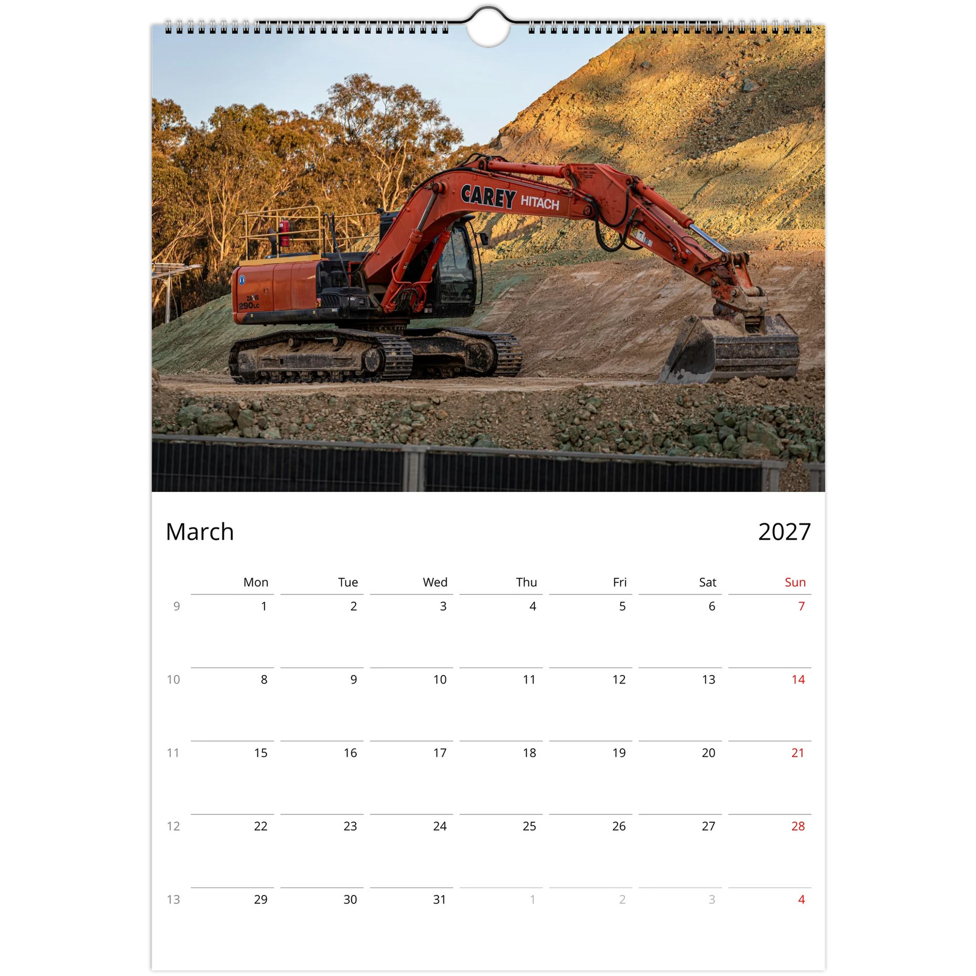 2027 Excavator Wall Calendar – monthly spread with construction excavator photography