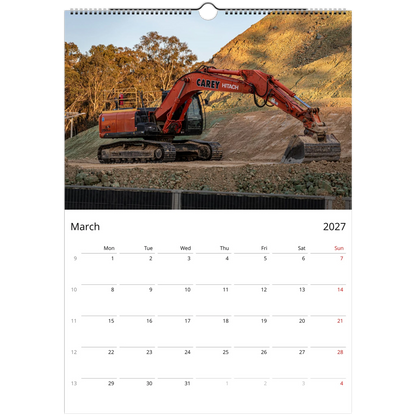2027 Excavator Wall Calendar – monthly spread with construction excavator photography