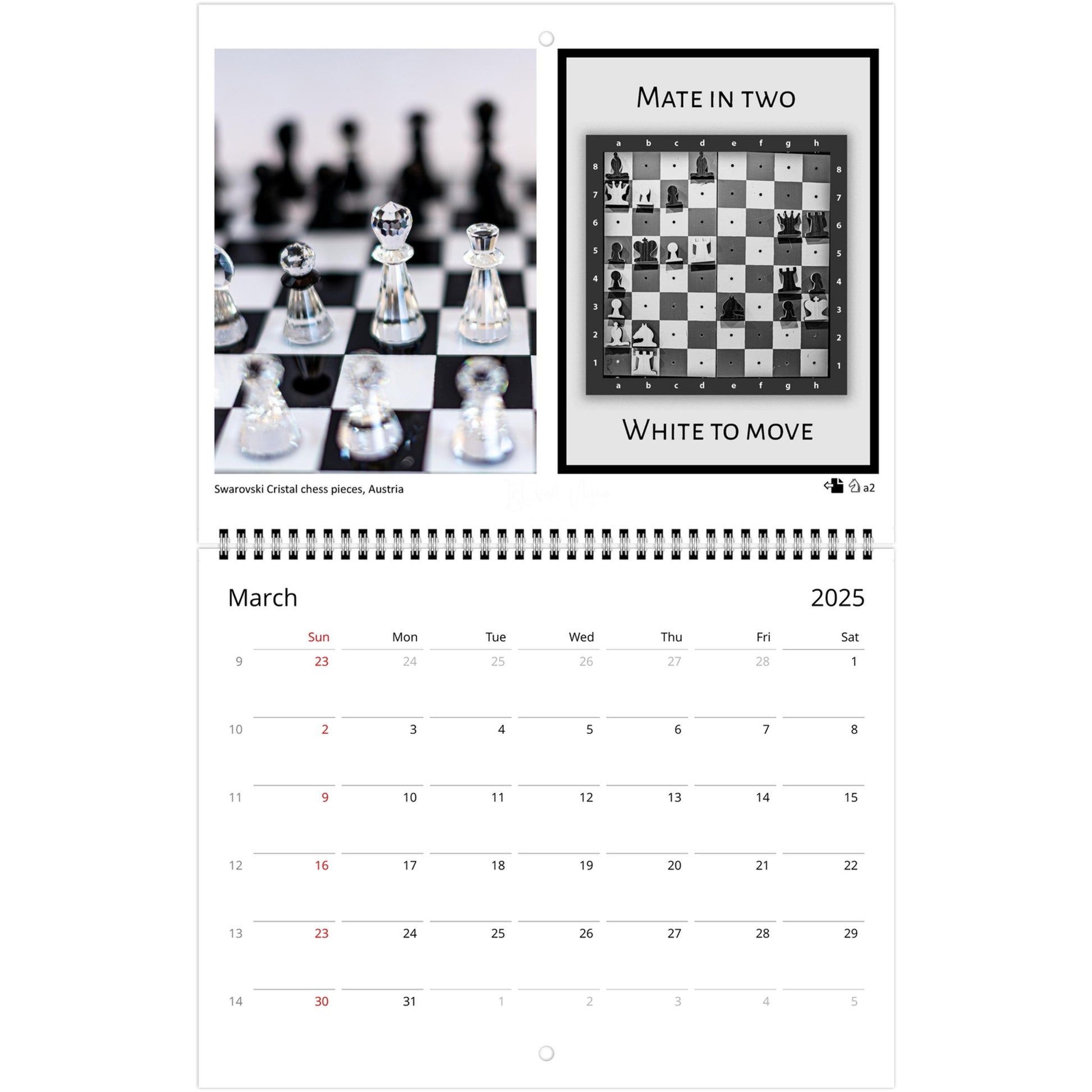 2025 Chess Wall Calendar by Istvan Maar Photography featuring global chess sets and monthly chess puzzles, vibrant imagery