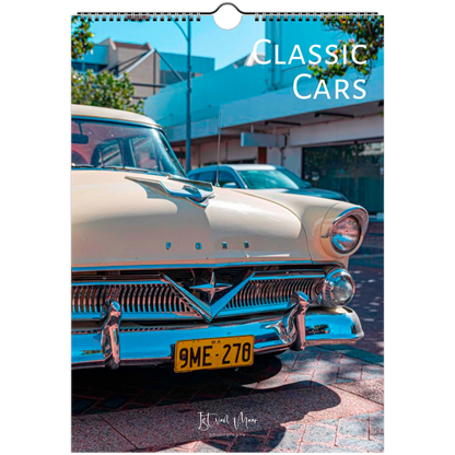 A spiral-bound wall calendar or print featuring a vintage cream-colored Ford car in an urban street setting, with the text 'CLASSIC CARS' at the top and a small 'Istvan Maar' signature at the bottom. Available in A4, A3, LT and Ledger sizes from Istvan Maar Photography.