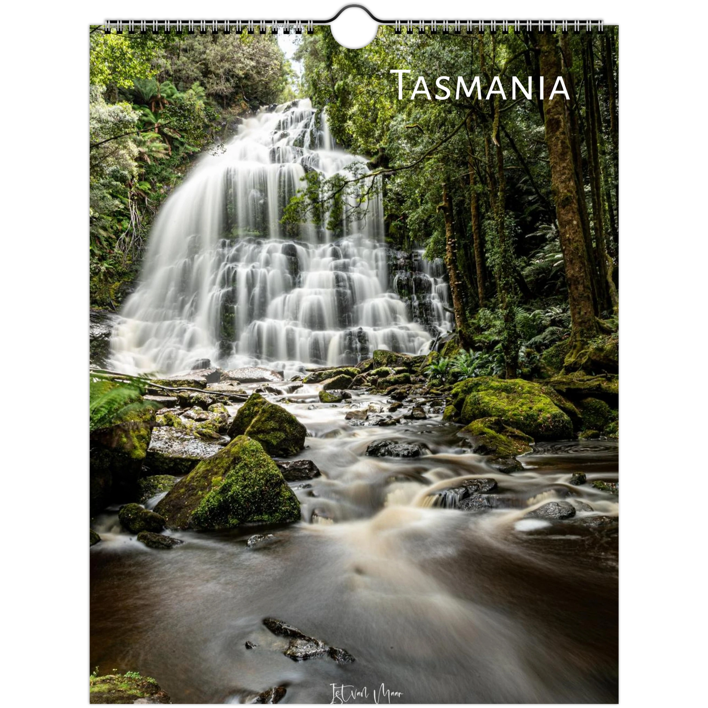 A spiral-bound wall calendar page featuring a scenic photograph of a waterfall in a lush forest, with the word TASMANIA printed at the top right. Available in A4, A3, LT and LG sizes.