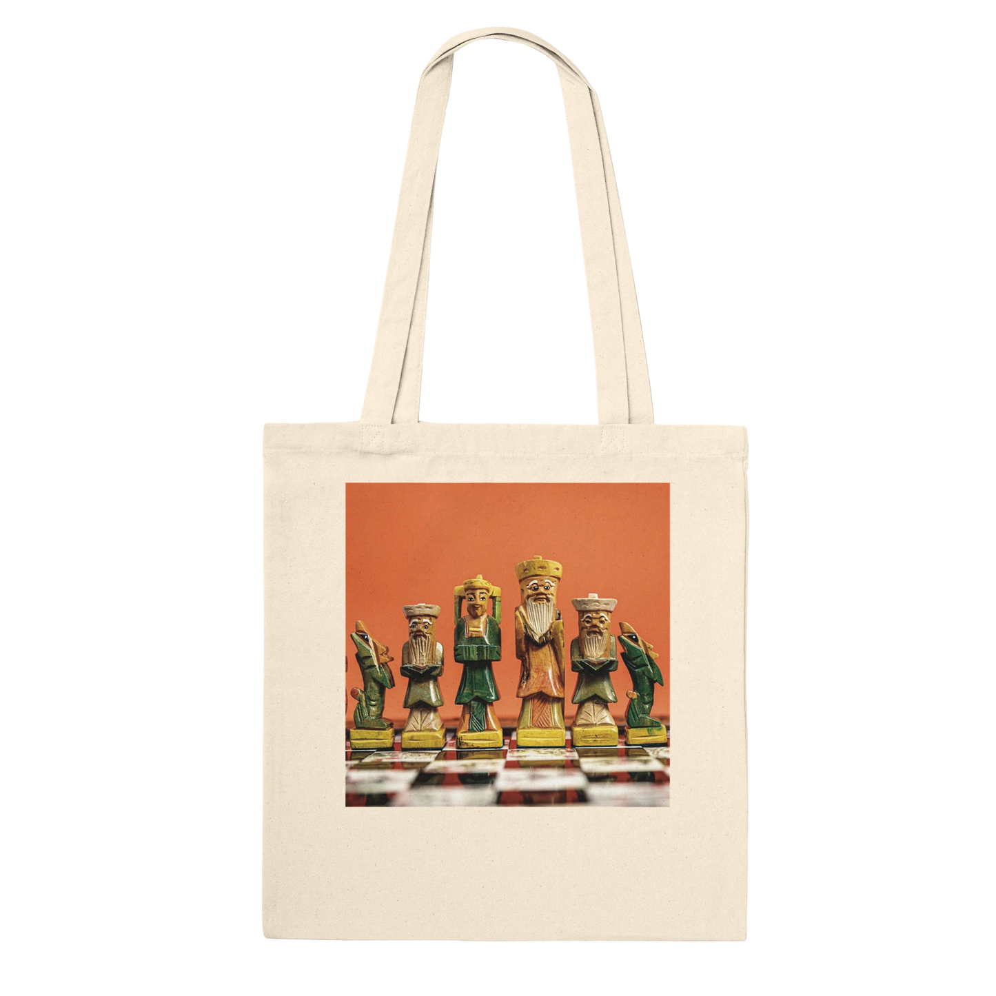Natural canvas tote bag with hand painted wooden chess set art print – colourful figurines on orange background
