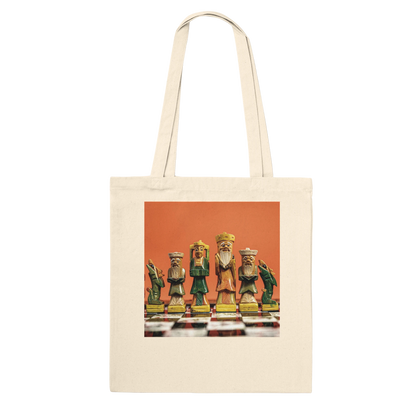 Natural canvas tote bag with hand painted wooden chess set art print – colourful figurines on orange background