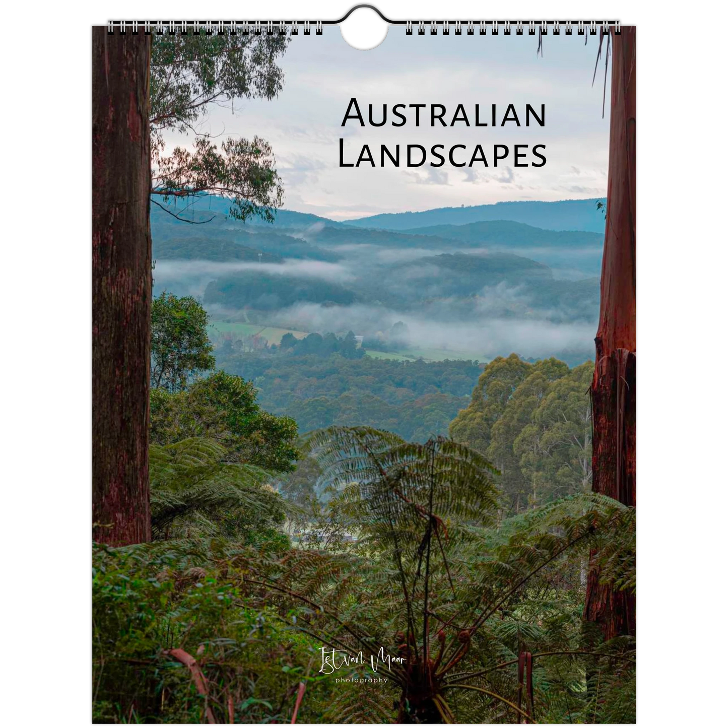 A spiral-bound wall calendar or print featuring an Australian landscape scene with ferns, trees, misty mountains, and the text 'AUSTRALIAN LANDSCAPES' at the top. The cover has a white hanging hole at the top and is shown against a white background.