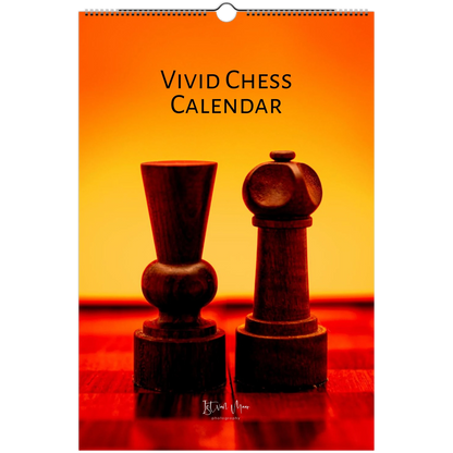 A wall calendar cover titled 'VIVID CHESS CALENDAR' featuring two dark wooden chess pieces on a red-orange gradient background. The calendar has a hanging hole at the top and visible spiral binding along the left edge.