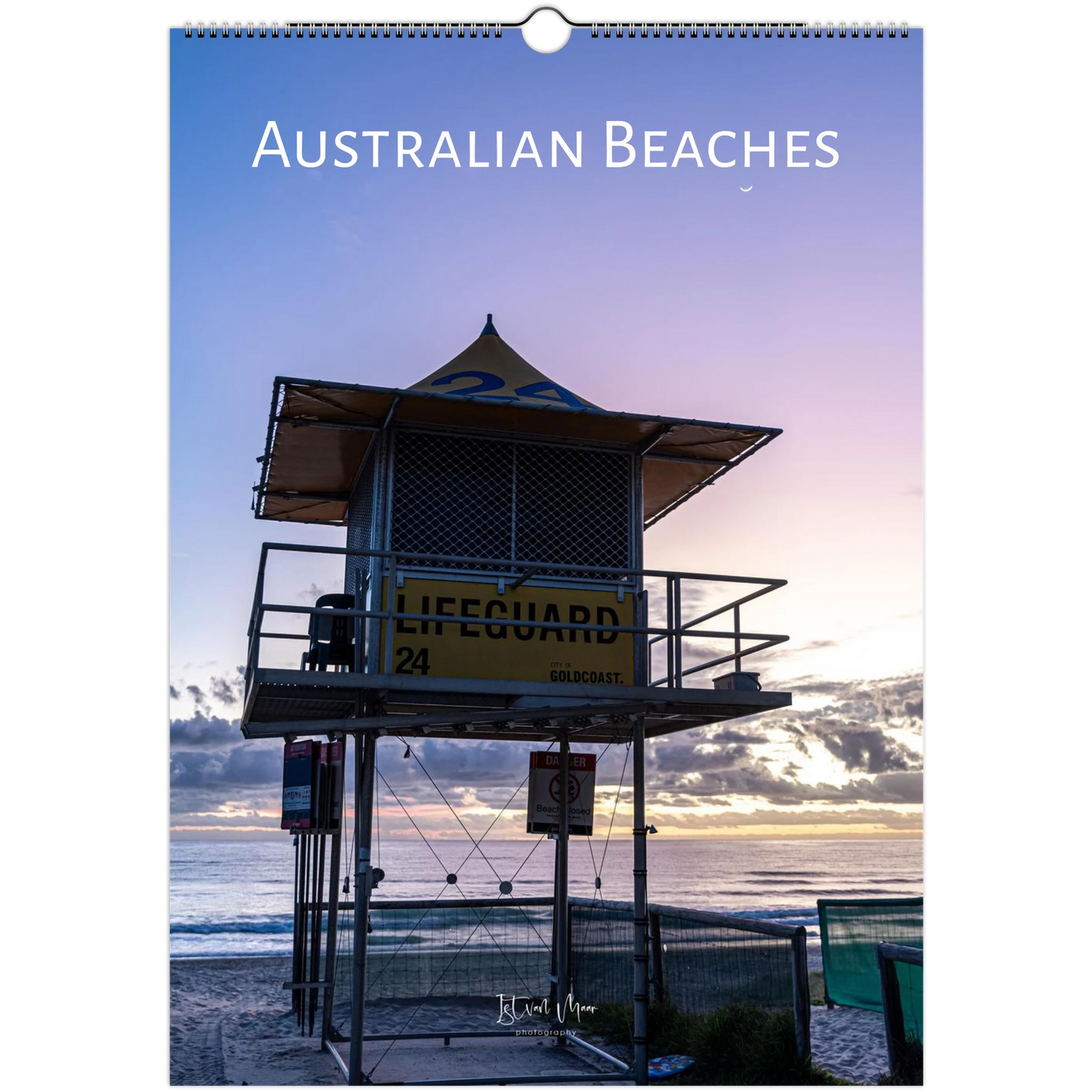 Calendar cover featuring a lifeguard tower on a beach with 'Australian Beaches' text.