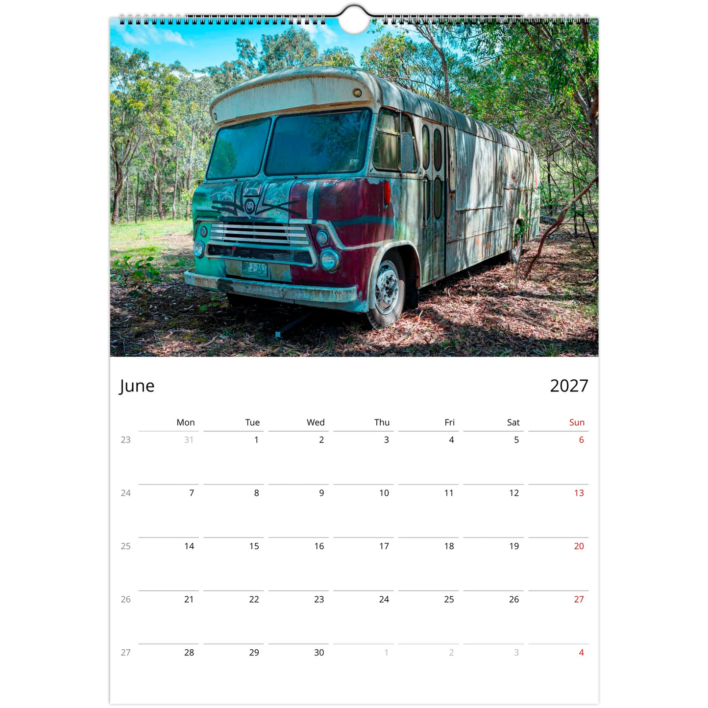 Rusty and Beauty Cars Wall Calendar – open calendar view with vintage car detail