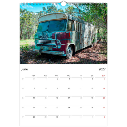 Rusty and Beauty Cars Wall Calendar – open calendar view with vintage car detail