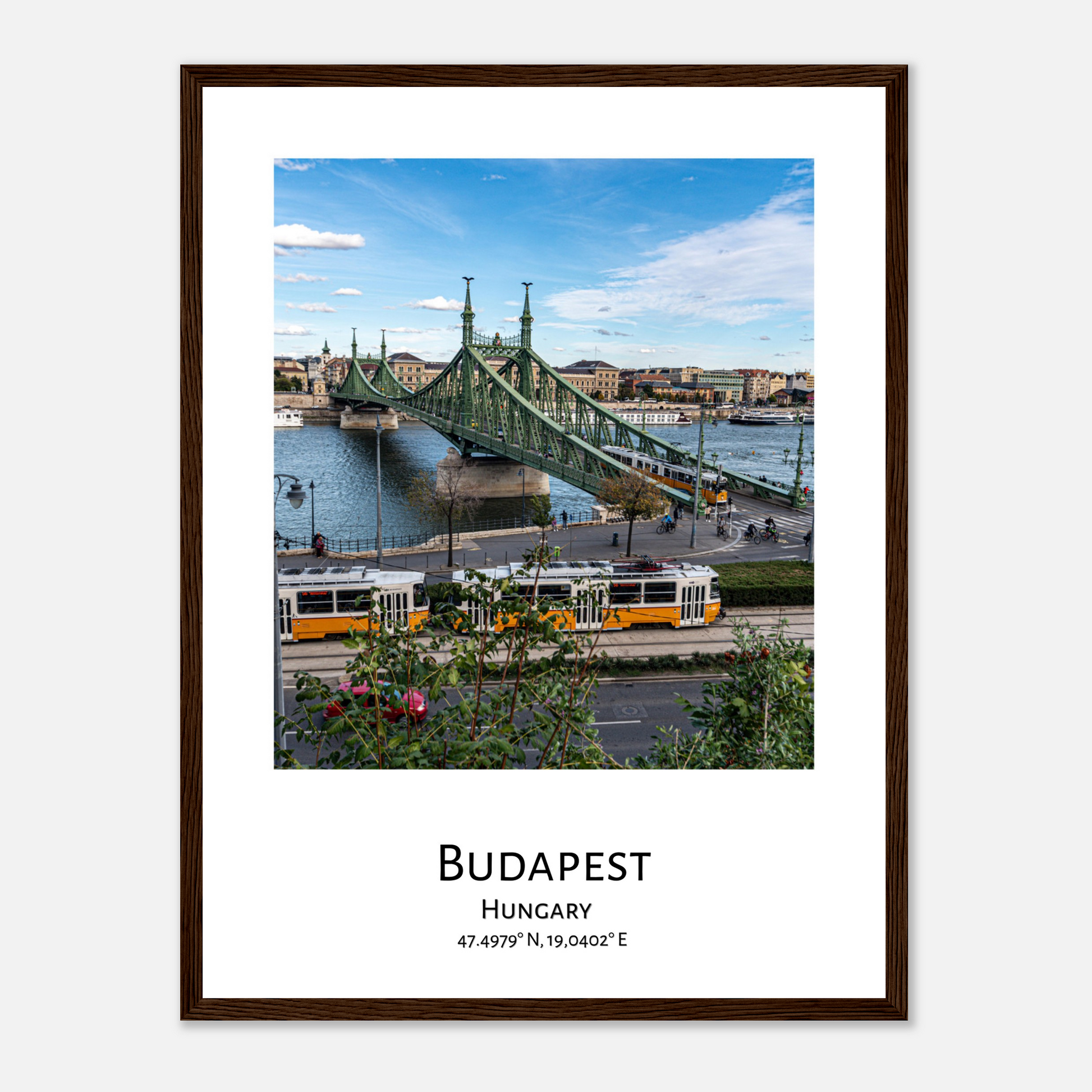 Personalized framed Budapest travel poster - Liberty bridge - dark wood frame