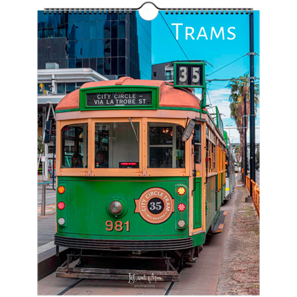 A spiral-bound wall calendar page featuring a vintage green and cream tram on a city street, with the word 'TRAMS' in white at the top right and a small 'K' mark near the bottom. Product of Istvan Maar Photography, available in A4, A3, LT and LG sizes.