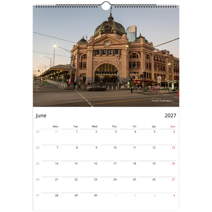 2027 Melbourne Wall Calendar - product packaging and spiral binding detail