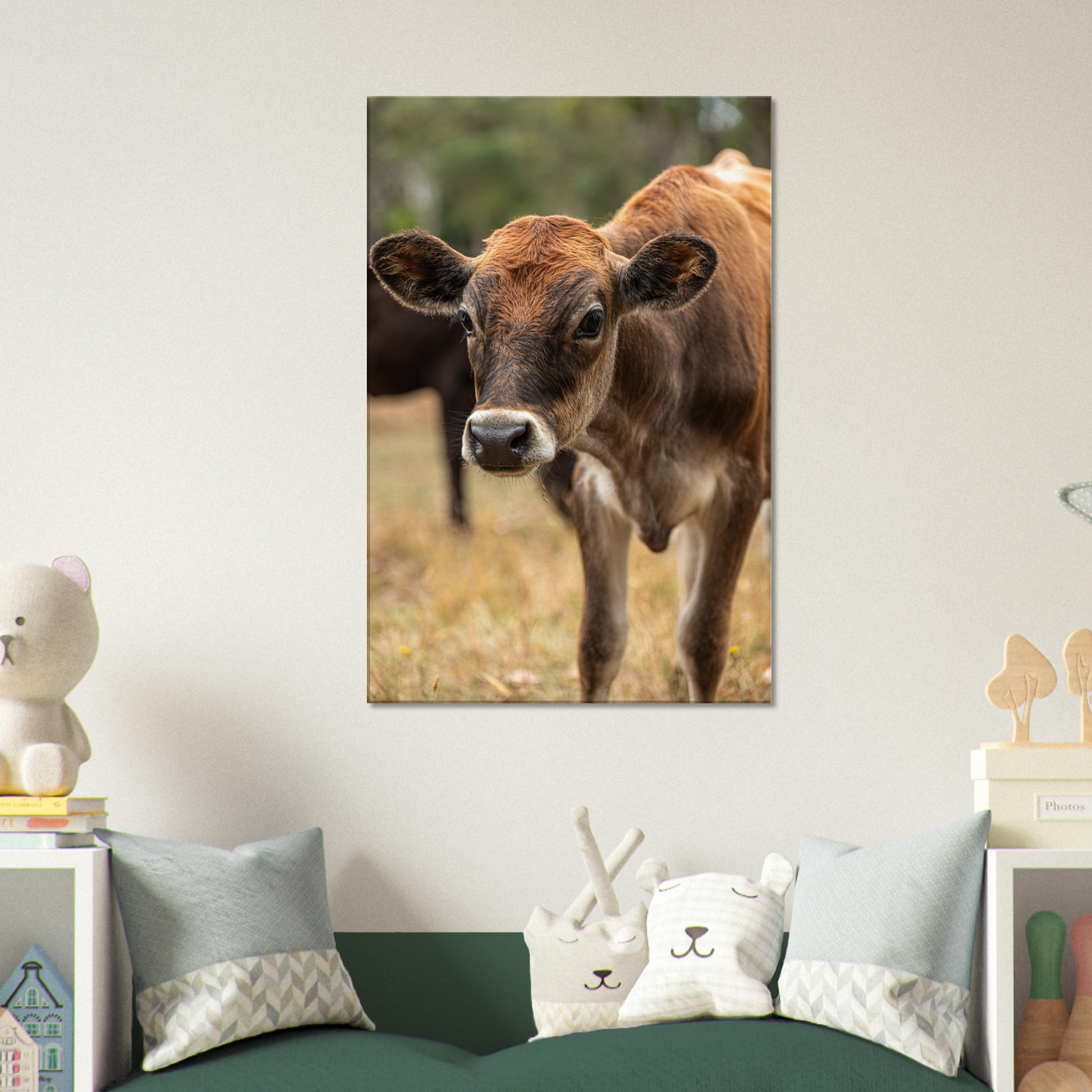 Cute calf Domestic Animal Canvas Wall Art Photography, Nursery Print, Nursery Animal Wall Decor, Kids Room, Prints, Stretched canvas by Istvan Maar Photography mockup 64