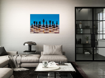 Wooden Chess Set Canvas with blue background by Istvan Maar Photography - living room