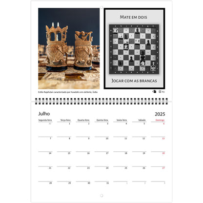 2025 Chess Wall Calendar by Istvan Maar Photography featuring stunning global chess set images and challenging puzzles.