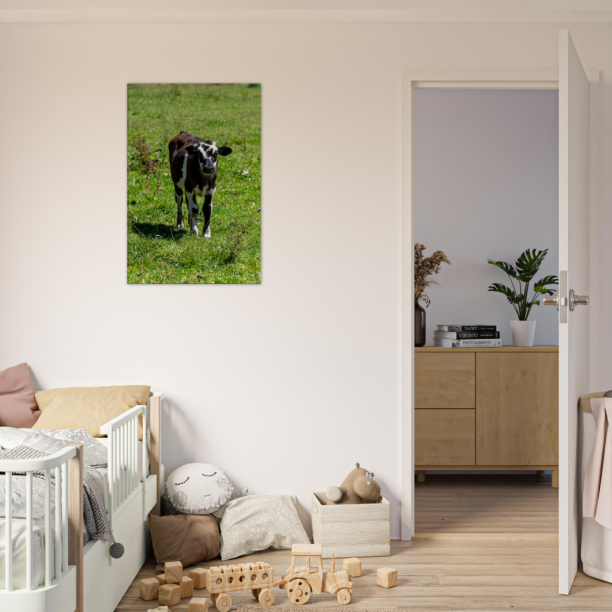 Cute calf Domestic Animal Canvas Wall Art Photography, Nursery Print, Nursery Animal Wall Decor, Kids Room, Prints, Stretched canvas by Istvan Maar Photography mockup 40