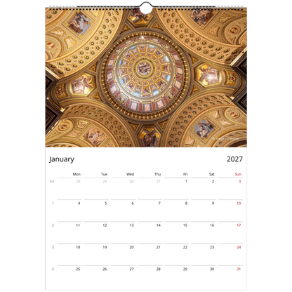 2027 Budapest Wall Calendar - open calendar view with architectural detail