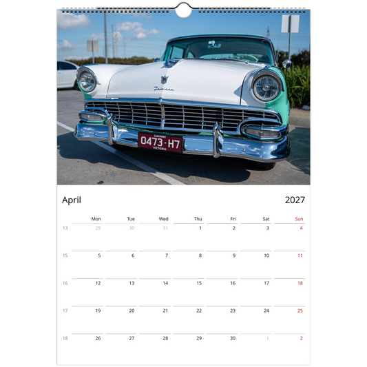 2027 Classic Cars Wall Calendar – open calendar view with classic car detail
