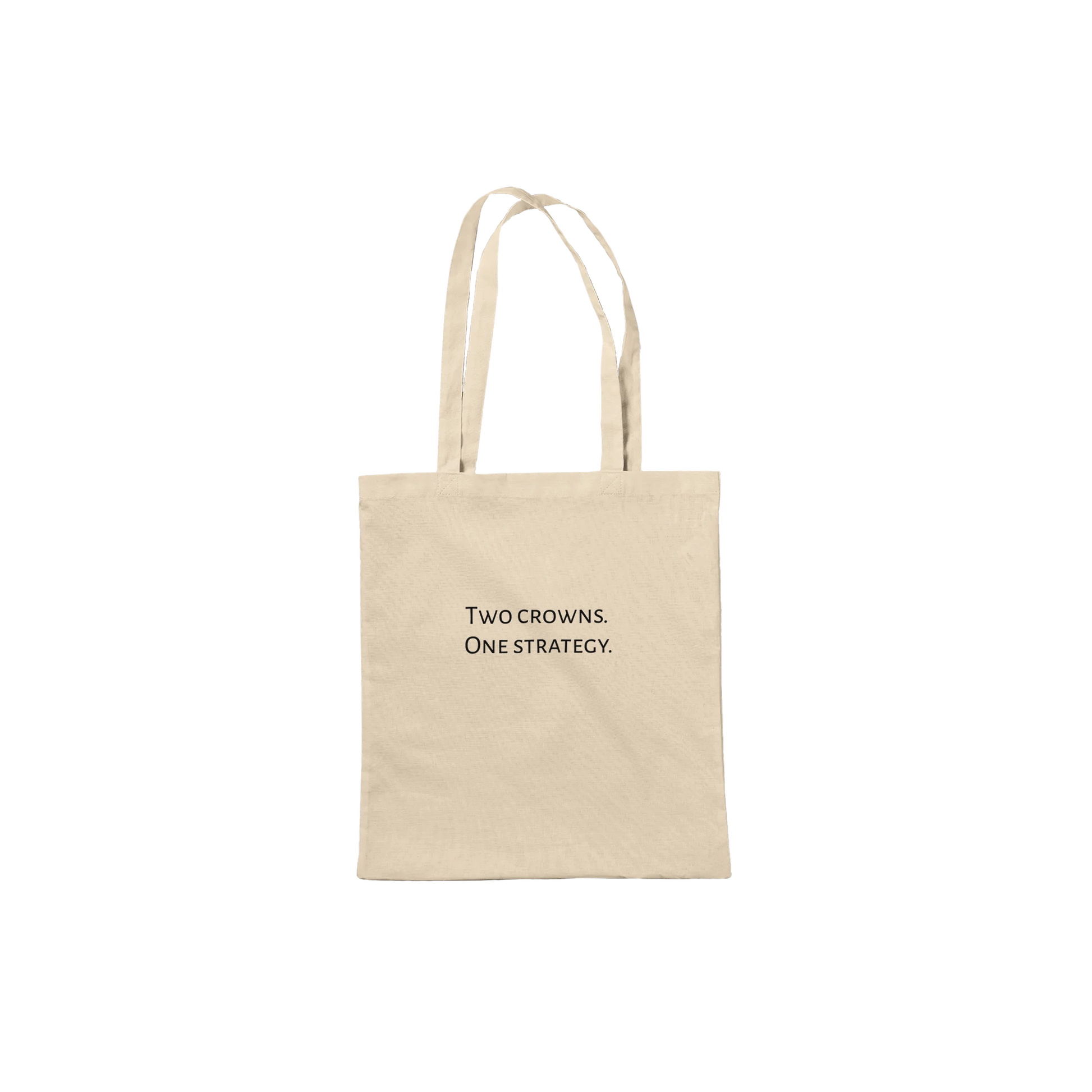 Beige tote bag with chess quote on a white background